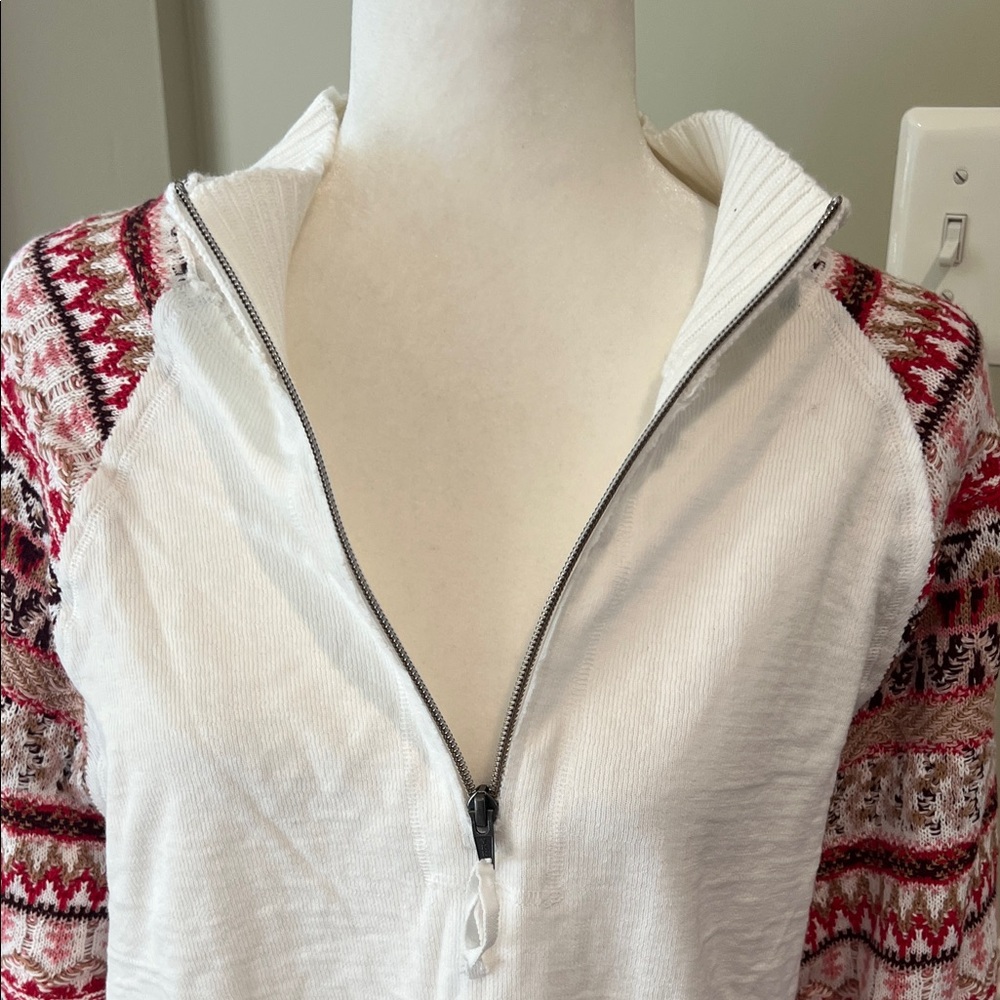 Sundance Fair Isle White 1/4 Zip Sweater with Red Patterned Sleeves, NWT, L - Picture 6 of 10